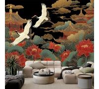 Papier Peint Effet 3D Oiseaux Volants Fleurs Rouges Nuages Photo Peintures, Architecture Chinoise Murales Salon Tv Canapé Thème Hôtel De Luxe Couloir Fond Mur Peinture Décor À La Maison 500 x 280 cm