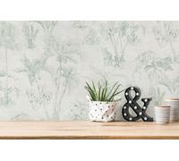 Papier Peint Effet Lin Design Jungle Avec Palmiers - Gris, Vert