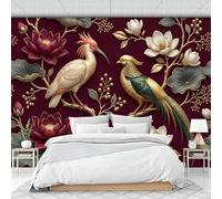 Papier Peint Élégant Relief Floral Et Oiseau, Papier Peint Panoramique Traditionnel Chinois Rouge Doré Pour Salon Chambre Bureau Couloir Arrière-Plan Tv, Décoration Murale 3D, 400X280Cm (L X H)