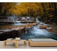 Papier peint en forme de cascade à étages - Papier peint 3D - Forêt d'automne - Pour salon - Bonne adhérence - 350 x 256 cm