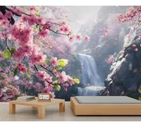 Papier peint en forme de fleur de cerisier - Papier peint mural en cascade - Papier peint paysage naturel pour salon - 150 x 105 cm - Ne se décolle pas et ne colle pas
