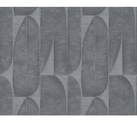 Papier peint en laine, gris foncé, feuilles rétro sur fond gris, rouleau : 10,05 m x 0,53 m (5,33 m²), TA-305396584