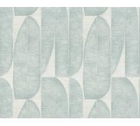 Papier peint en laine, Turquoise, feuilles rétro sur fond crème, rouleau : 10,05 m x 0,53 m (5,33 m²), TA-305396585