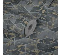 Papier Peint En Marbre Effet Carreau Avec Accent Doré - Gris, Vert, Métallique