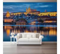 Papier peint en non tissé 400 x 280 cm papier peint pour chambre d'enfant Vue nocturne réaliste de Prague Décoration Murale Moderne Poster Tableaux Photo Muraux Bleu