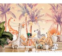 Papier Peint En Vlies Safari Animaux Orange Pour Chambre D’Enfant 312x219cm