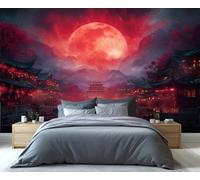 Papier peint enchanteur Ciel de Lune Rouge fresque murale haute définition avec ville chinoise antique et lanternes décoration murale intissé durable pour une ambiance de chambre à coucher 300x230cm