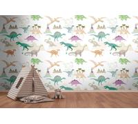 Papier Peint Enfant Avec Des Dinosaures Et Des Volcans - Coloré, Crème, Beige