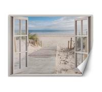 Papier Peint - Entoilage 130g/m2 - Motif Fenêtre - Vue sur la plage - 280x200 cm - Beige - Décoration murale à coller - Feeby