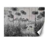 Papier Peint - Entoilage 130g/m2 - Motif Oiseaux dans un étang - 368x254 cm - Noir et blanc - Décoration murale à coller - Feeby