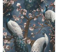 Papier Peint Erismann Paon Fleurs D'Arbre Oiseaux Texturé Vinyle Marine 10414-08