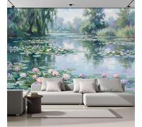 Papier Peint Étang Nénuphars Feuilles De Lotus 3D Murale Pour TV Fond Mur Décor Style De Peinture À L'Huile Impressionniste Murales Grandes Poster Imprimé Papier Peint Pour Salon Décor 200x140cm