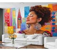 Papier peint Fashion Woman pour salon - Papier peint autocollant pour chambre à coucher graffiti ville - Grande décoration murale et femme africaine - Autocollant