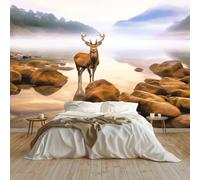 Papier Peint Faune Rochers Cerfs Panoramique Murale Salon 200x140 cm Papier Peint intissé pour Chambre Salon Personnalisé Décoration Murale, Brun