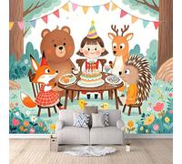 Papier Peint Fête Des Animaux De Dessin Animé 250x175 cm Papier Peint Panoramique Effet 3D, Peinture Murale intissé Grande Forêt, pour Moderne Salon Chambre TV Fond