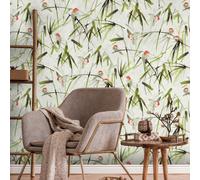 Papier Peint Feuille Avec Oiseaux Sur Fond Clair - Beige, Vert, Noir