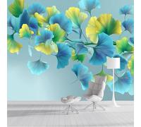 Papier Peint Feuilles De Ginkgo,150x105cm Papier Peint Panoramique Feuilles Dégradées Murale Poster Tableaux Photo Muraux pour Salon Chambre à Coucher Maison Décoration, Bleu