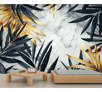 Papier Peint Feuilles de Palmier 3D Auto Adhesif Panoramique Mural Motif Marbré Papier Peint en Soie Poster Trompe L'oeil Décoration Murale Salon Chambre 200x140 cm A-7831