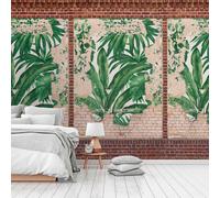 Papier Peint Feuilles De Palmier Sur Mur En Brique - Marron, Beige, Rouge