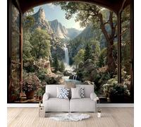 Papier Peint Finestra 250x175 cm Papier Peint Panoramique Effet 3D, Peinture Murale intissé Grande Montagne Cascata, pour Moderne Salon Chambre TV Fond