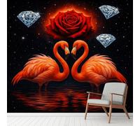 Papier Peint Flamant Roses Rouges Boho Hippie, Diamant Fantaisie Ciel étoilé Decoration Stickers Muraux , Nature Animaux Couples Vinyle Murale Poster pour Chambre Salon Cuisine Meuble 200 x 140 cm