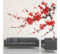 Papier Peint Fleur de Prunier Cerisier, Peinture a L'encre Oriental Paysage Decoration Stickers Muraux , Style Chinois Vinyle Murale Poster pour Chambre Salon Cuisine Adhesif Meuble 200 x 140 cm