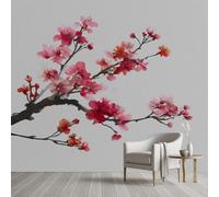 Papier Peint Fleur de Prunier Fleurs de Cerisier Papier Peint Intissé 3D Floral Peinture à l'encre Oriental Tapisserie Panoramique, Wallpaper Décoration Murale Salon Chambre Bureau 100x100 cm