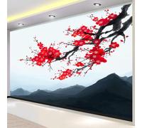 Papier Peint Fleur Rouge 3D Auto Adhesif Panoramique Mural Montagne Papier Peint en Soie Poster XXL Décoration Murale Salon Chambre 400x280 cm B-5979