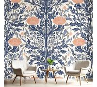 Papier Peint Fleurs Anglaises Mural, Feuilles Vigne Grandt Mural 3D Pour Salon, Chambre, Chambre D'Enfants,Bleu Marine 396X280 Cm Décoration Murale Fresque