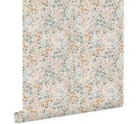 papier peint fleurs bleu grisâtre, rose terracotta et vert 53 cm x 10.05 m - ESTAhome