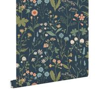 papier peint fleurs des champs bleu foncé, vert et rose 53 cm x 10.05 m - ESTAhome