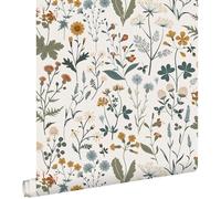 papier peint fleurs des champs jaune ocre, vert grisé et vintage bleu 53 cm x 10.05 m - ESTAhome