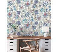Papier Peint Fleurs Et Herbes En Style Aquarelle - Bleu, Blanc, Gris