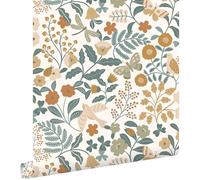 papier peint fleurs et oiseaux bleu grisâtre, vert olive grisé et jaune ocre 53 cm x 10.05 m - ESTAhome