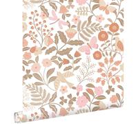 papier peint fleurs et oiseaux terracotta, taupe et rose 53 cm x 10.05 m - ESTAhome