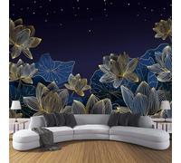 Papier Peint Fleurs Lotus Et Feuilles Lotus 350×256 Cm Tissu En Soie Papier Peint Décoratif, Facile À Poser, Élégance Luxe Modernes Pour Salon, Chambre, Bureau - Bleu Foncé