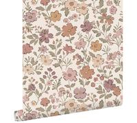 Papier peint fleurs mauve violet, vert grisé et terracotta - 53 cm x 10.05 m - ESTAhome