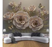 Papier Peint Fleurs Papillons 400×280cm Papier Peint Panoramique Effet 3D, XXL Peinture Murale Poster intissé Relief Fleurs, pour Chambre Salon TV Fond