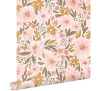 papier peint fleurs rose clair, jaune ocre et vert grisé 50 x 900 cm - ESTAhome