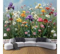 Papier Peint Fleurs Sauvages Prairie,Wallpaper Panoramique Campagne Fleurs, Papier Peint Intissé Salon Chambre Bureau 100×70cm Fresque Murale Vert