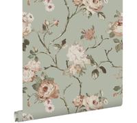 papier peint fleurs vintage vert menthe grisé et rose clair 53 cm x 10.05 m - ESTAhome