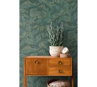 Papier Peint Floral Avec Motif De Feuilles Avec Détails Dorés - Vert, Or
