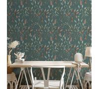 Papier Peint Floral Avec Motif De Vignes - Vert, Pétrole, Orange