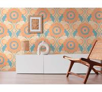 Papier Peint Vintage Floral Beige Turquoise Orange Jaune Bleu Vrilles 395302