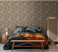 Papier Peint Floral Jungle Avec Feuilles Mat Structuré - Orange, Rouge, Vert