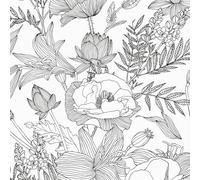 Papier Peint Floral Noir et Blanc, 44 x 600 cm Papier Peint Autocollant Noir et Blanc Lys Lotus Feuille Botanique Bohême Papier Autocollant pour Meuble,Chambre,Salon,Salle de Bain,Cuisine,Toilette