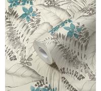 Papier Peint Floral & Oiseaux Exotiques - Bleu, Gris, Noir