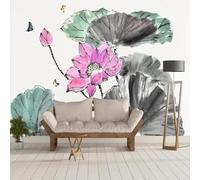 Papier peint floral style chinois, peinture à l'encre de Chine, motif lotus, photo murale, décoration 3D sur mesure, toutes dimensions 450cm(W)×300cm(H)