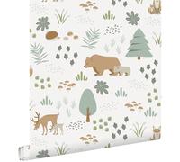 papier peint forêt avec des animaux de la forêt blanc 53 cm x 10.05 m - ESTAhome