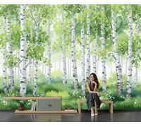 Papier Peint Forêt Bouleaux À L'Aquarelle 450 X 315 Cm Papier Peint Panoramique Effet 3D, Peinture Murale Poster Intissé Thème La Forêt, Pour Chambre Salon Tv Fond